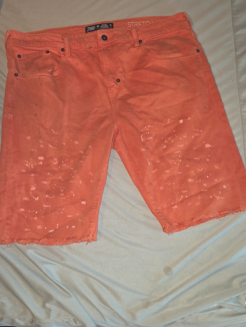 PRPS Orange Distressed Paint-Splatter Jean Shorts